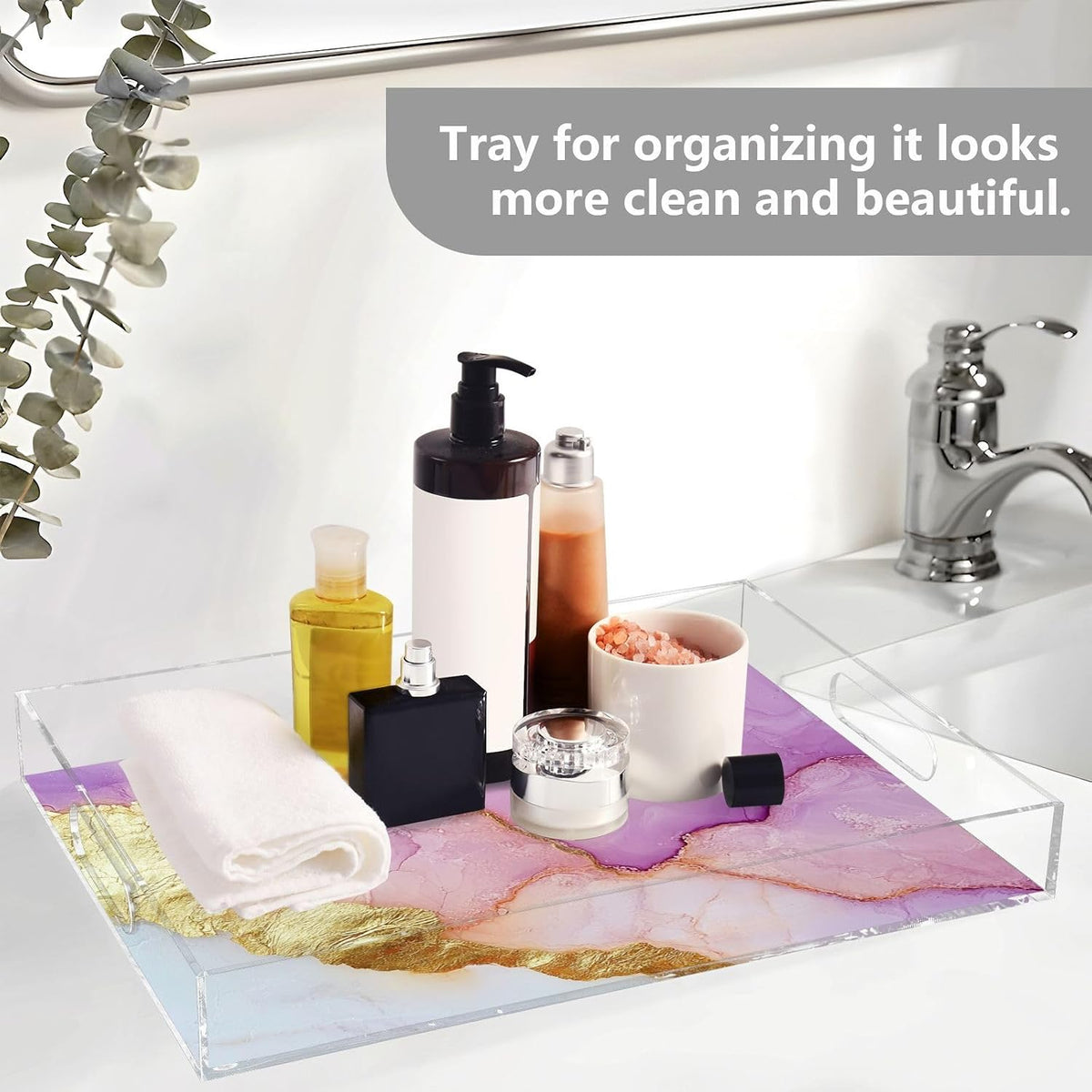 Acrylic Clear Trays Marble White Peach Trendy Clear Acrylic Tray with Handles 16 x 12 Acrylic Serving Tray Spill-Proof