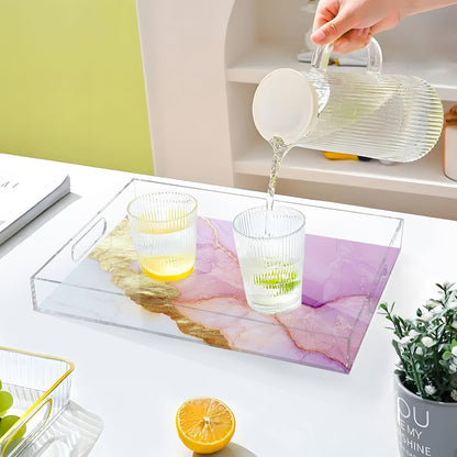 Acrylic Clear Trays Marble White Peach Trendy Clear Acrylic Tray with Handles 16 x 12 Acrylic Serving Tray Spill-Proof