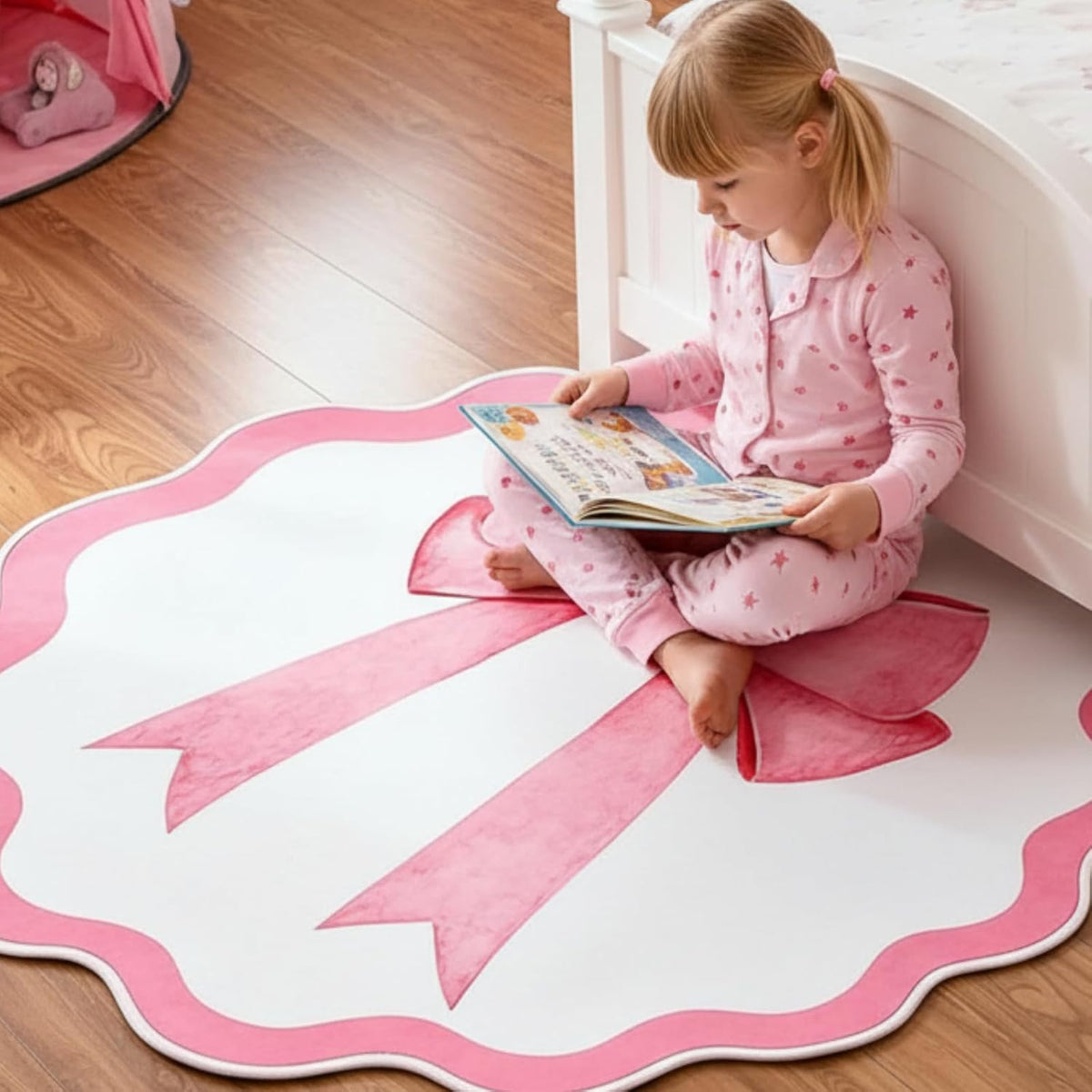 4 ft Pink Bow Scalloped Round Rug Washable Kids Area Rug