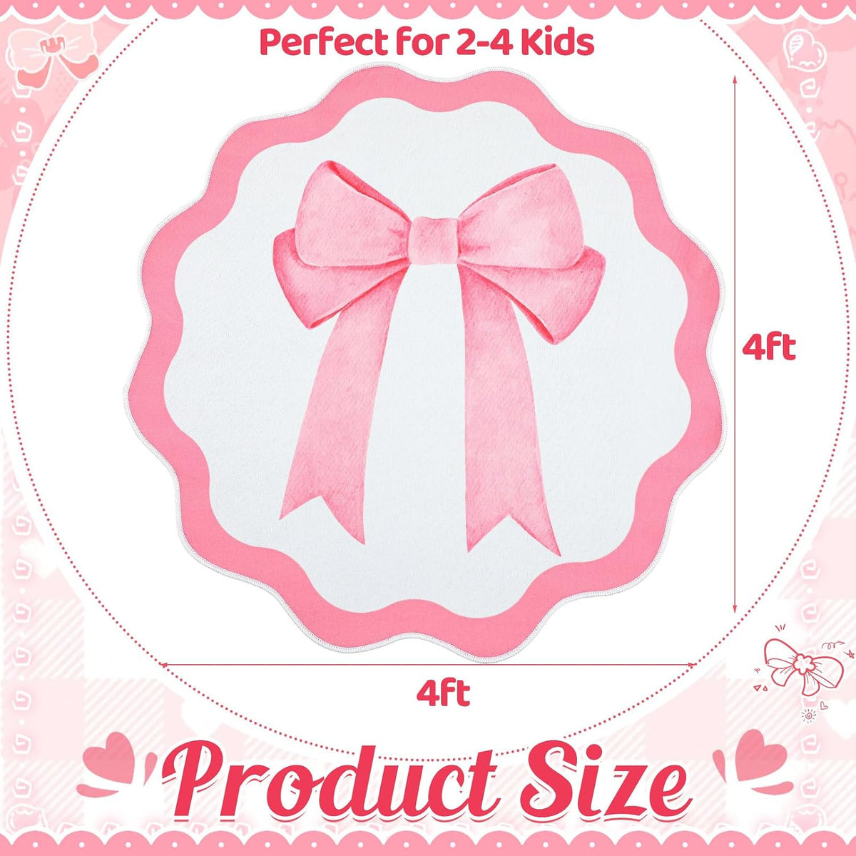 4 ft Pink Bow Scalloped Round Rug Washable Kids Area Rug
