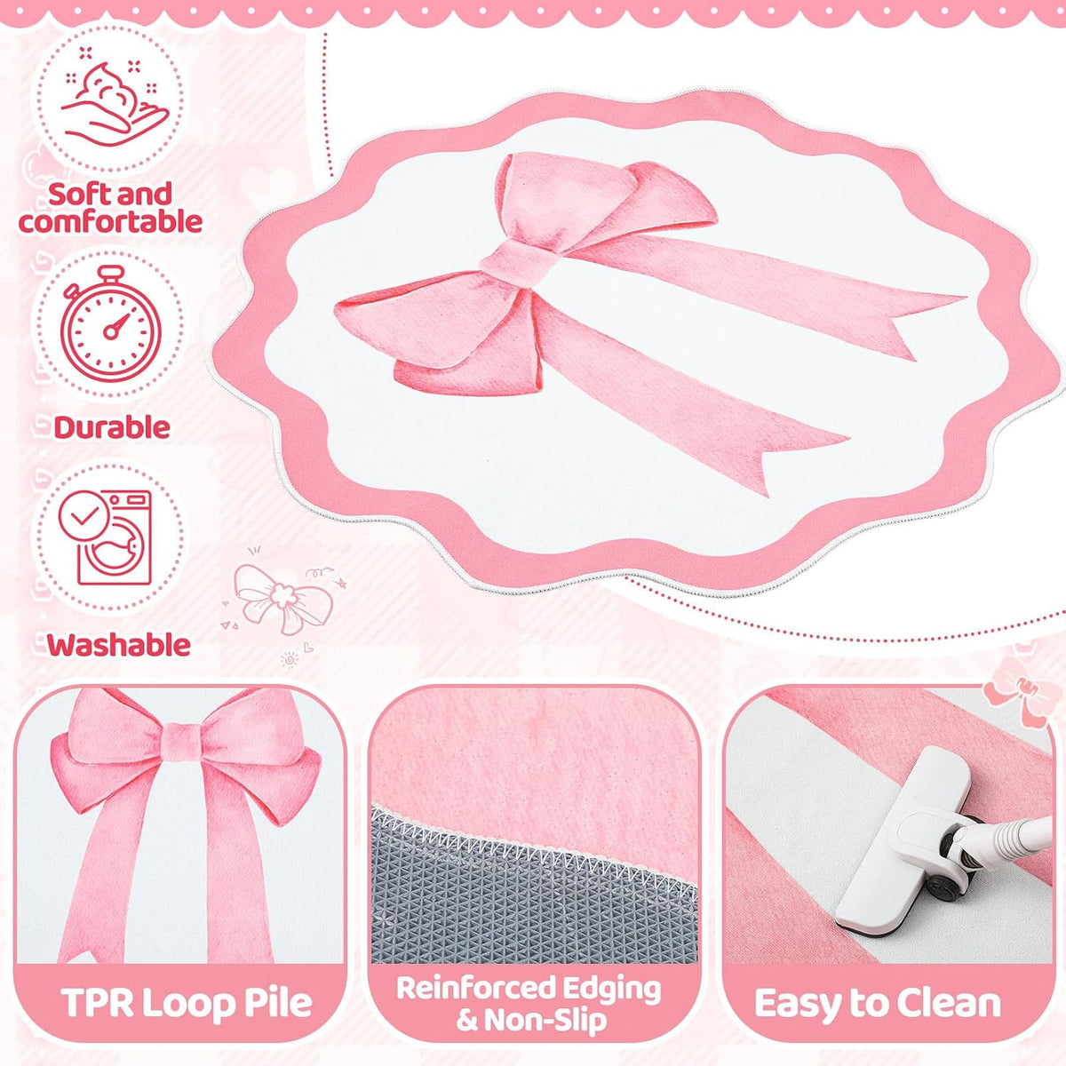 4 ft Pink Bow Scalloped Round Rug Washable Kids Area Rug