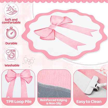 4 ft Pink Bow Scalloped Round Rug Washable Kids Area Rug