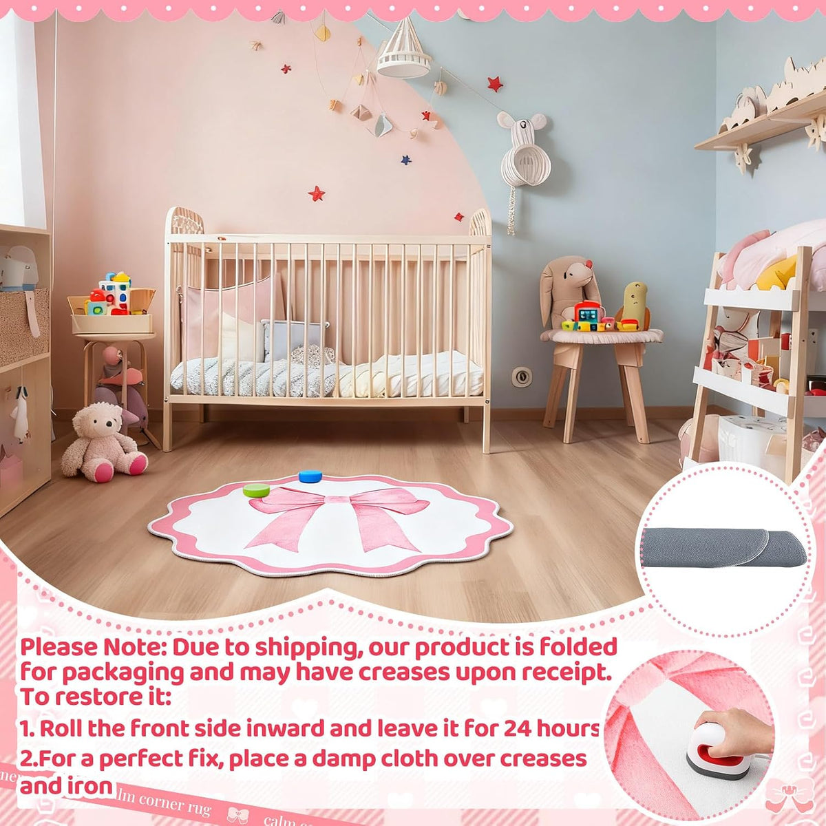 4 ft Pink Bow Scalloped Round Rug Washable Kids Area Rug