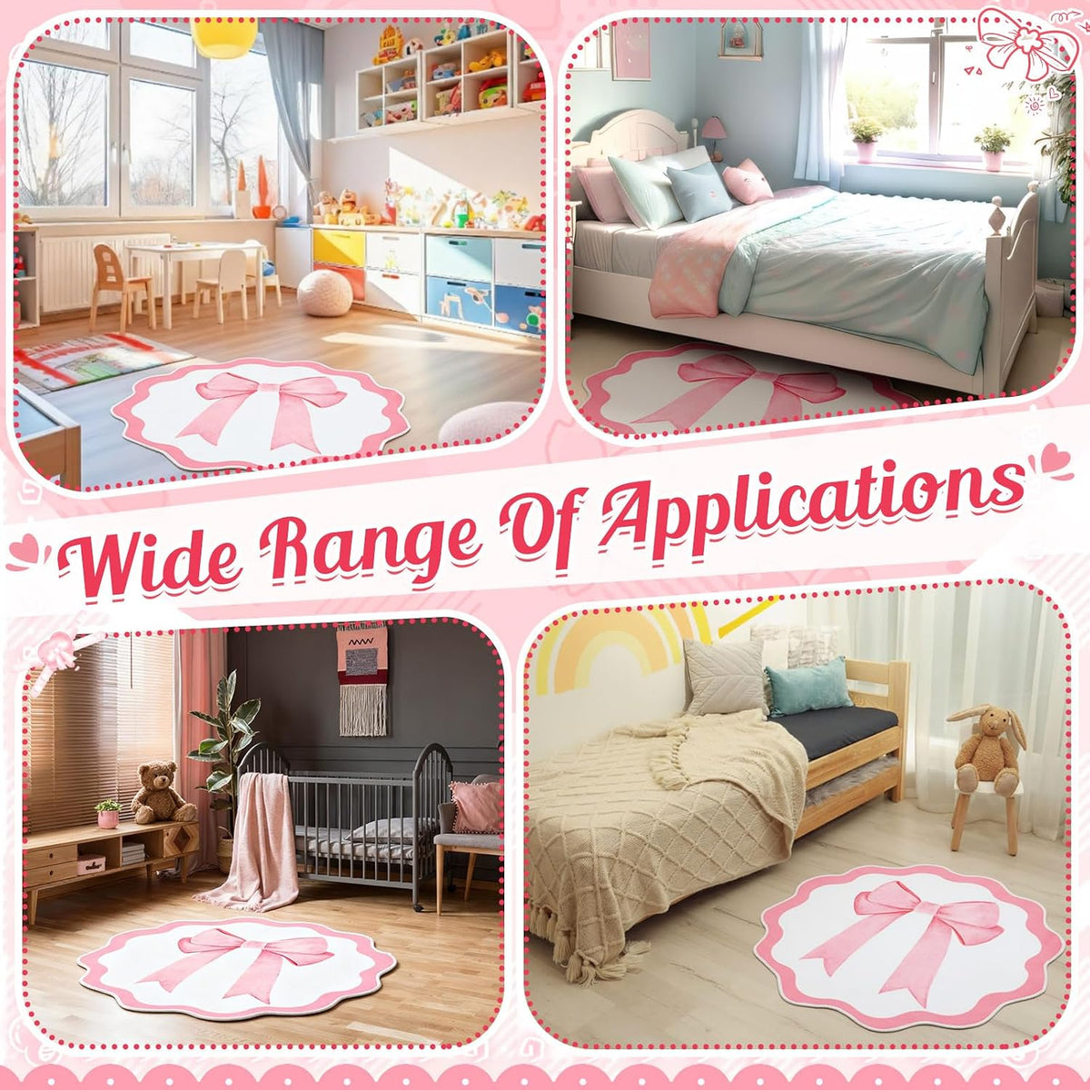4 ft Pink Bow Scalloped Round Rug Washable Kids Area Rug