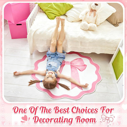 4 ft Pink Bow Scalloped Round Rug Washable Kids Area Rug
