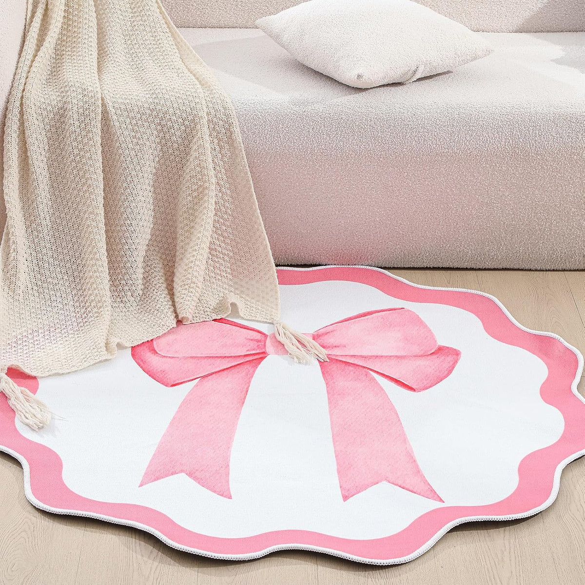 4 ft Pink Bow Scalloped Round Rug Washable Kids Area Rug