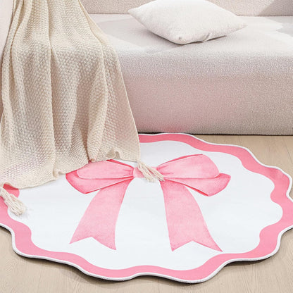 4 ft Pink Bow Scalloped Round Rug Washable Kids Area Rug