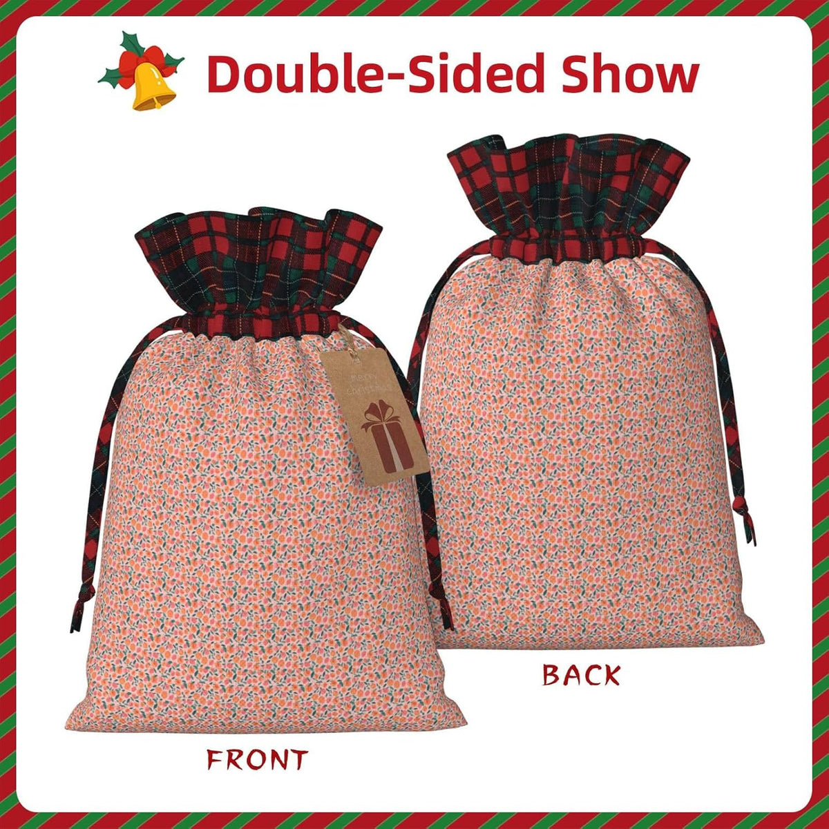 Pink Peach Pattern Seamless Pattern Printing Christmas Drawstring Gift Bags Reusable Xmas Sacks For Holiday Packaging Needs