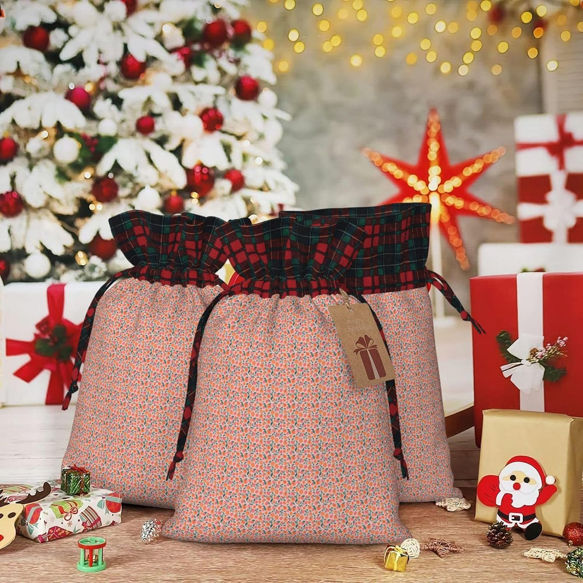 Pink Peach Pattern Seamless Pattern Printing Christmas Drawstring Gift Bags Reusable Xmas Sacks For Holiday Packaging Needs