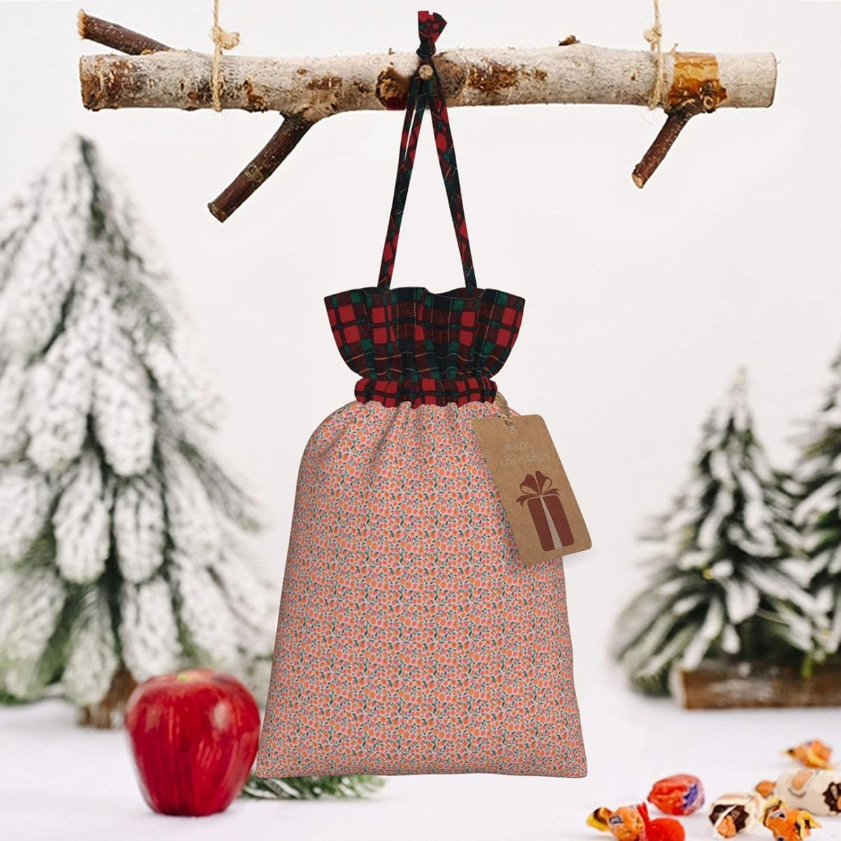 Pink Peach Pattern Seamless Pattern Printing Christmas Drawstring Gift Bags Reusable Xmas Sacks For Holiday Packaging Needs