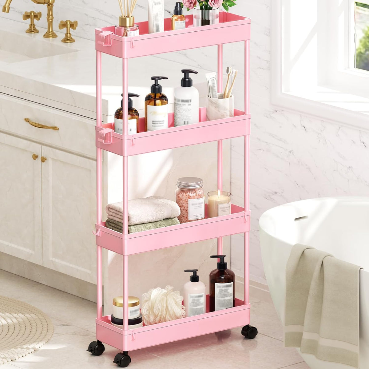 Slim Rolling Storage Cart, 4 Tier Bathroom Cart Organizer, Pink