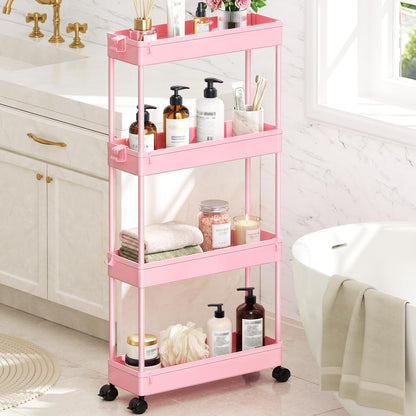 Slim Rolling Storage Cart, 4 Tier Bathroom Cart Organizer, Pink