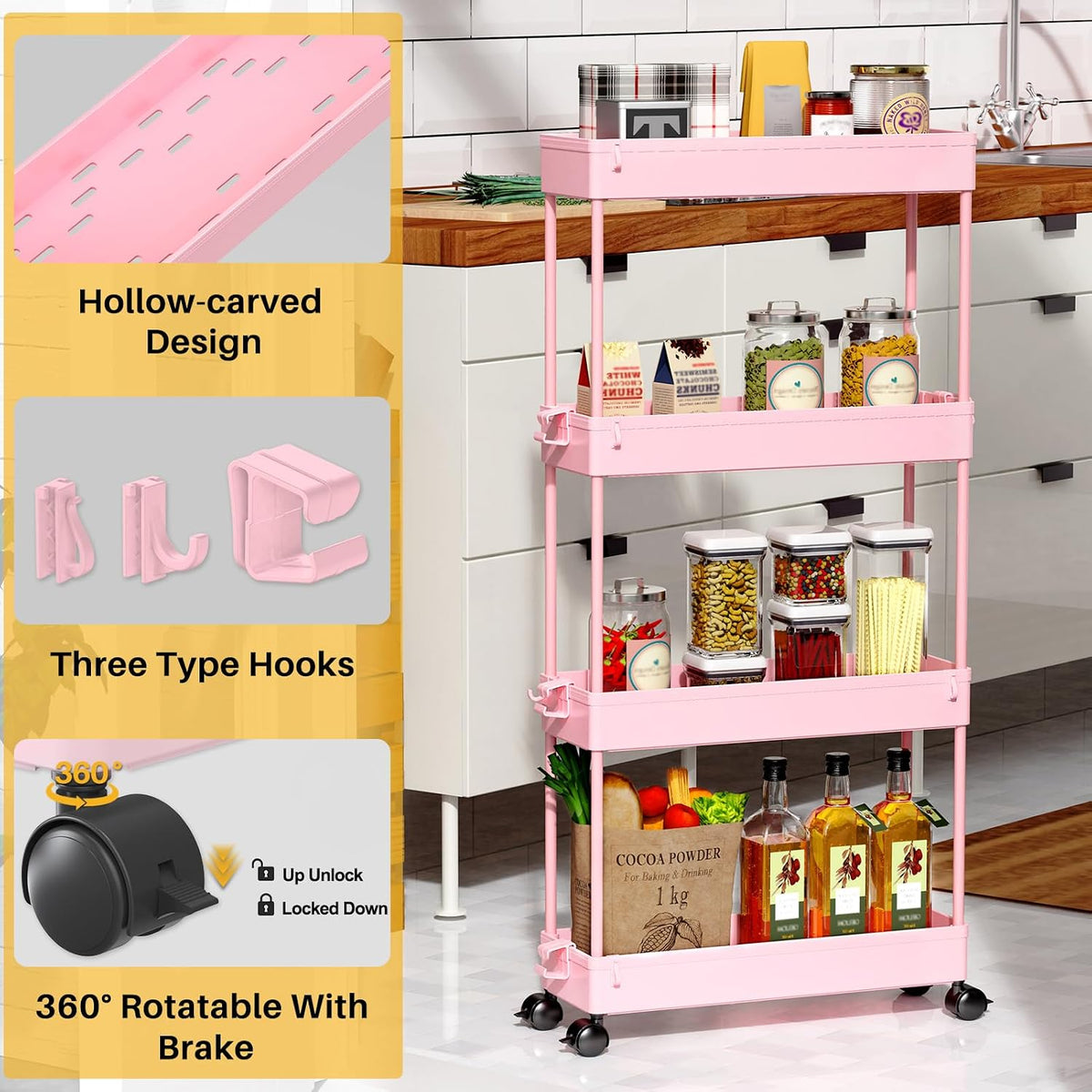 Slim Rolling Storage Cart, 4 Tier Bathroom Cart Organizer, Pink