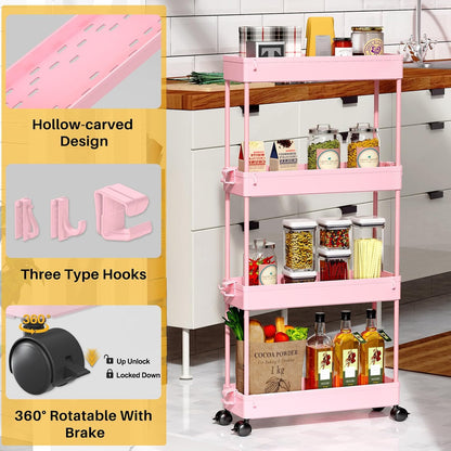 Slim Rolling Storage Cart, 4 Tier Bathroom Cart Organizer, Pink