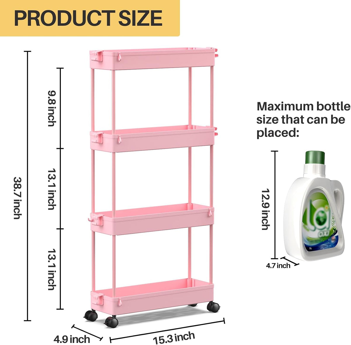 Slim Rolling Storage Cart, 4 Tier Bathroom Cart Organizer, Pink