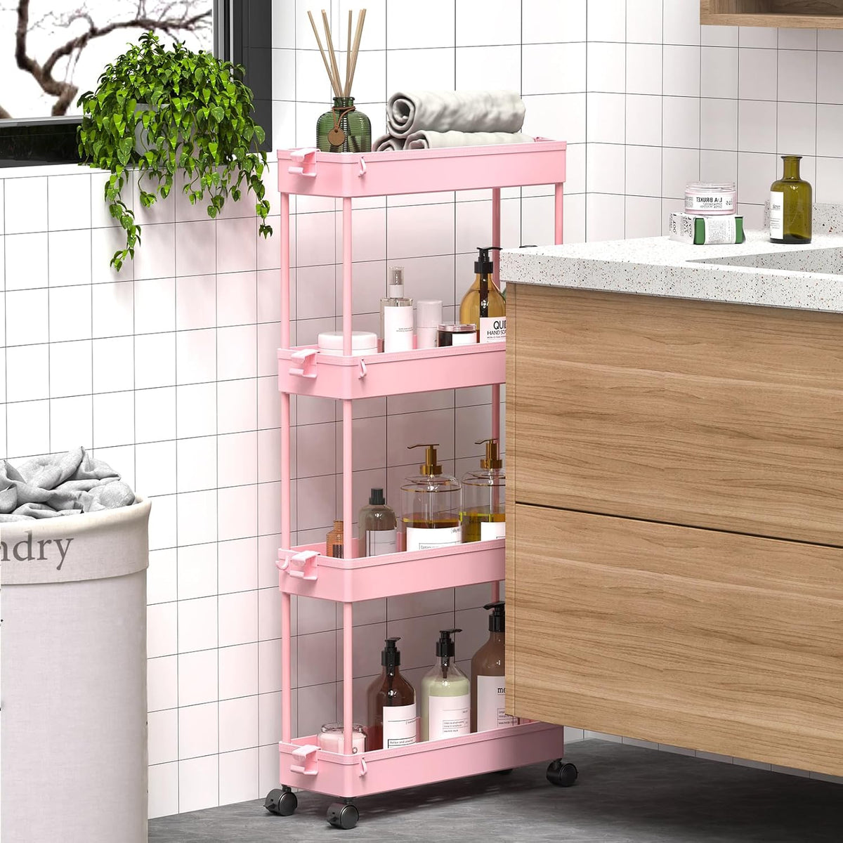 Slim Rolling Storage Cart, 4 Tier Bathroom Cart Organizer, Pink