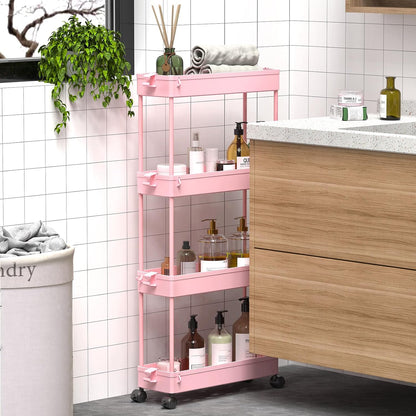 Slim Rolling Storage Cart, 4 Tier Bathroom Cart Organizer, Pink