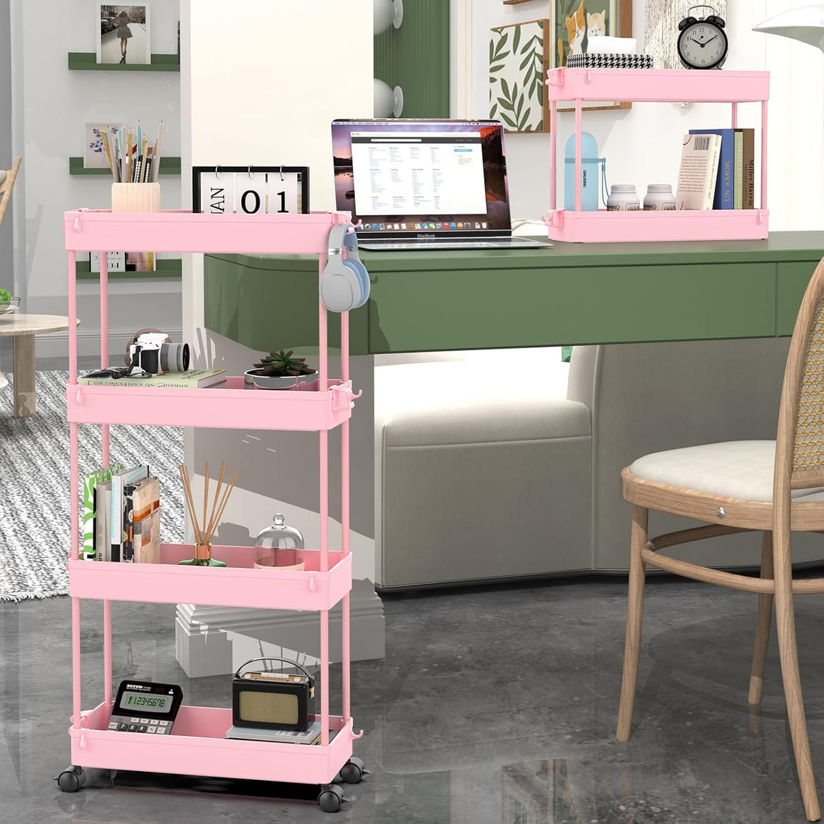 Slim Rolling Storage Cart, 4 Tier Bathroom Cart Organizer, Pink