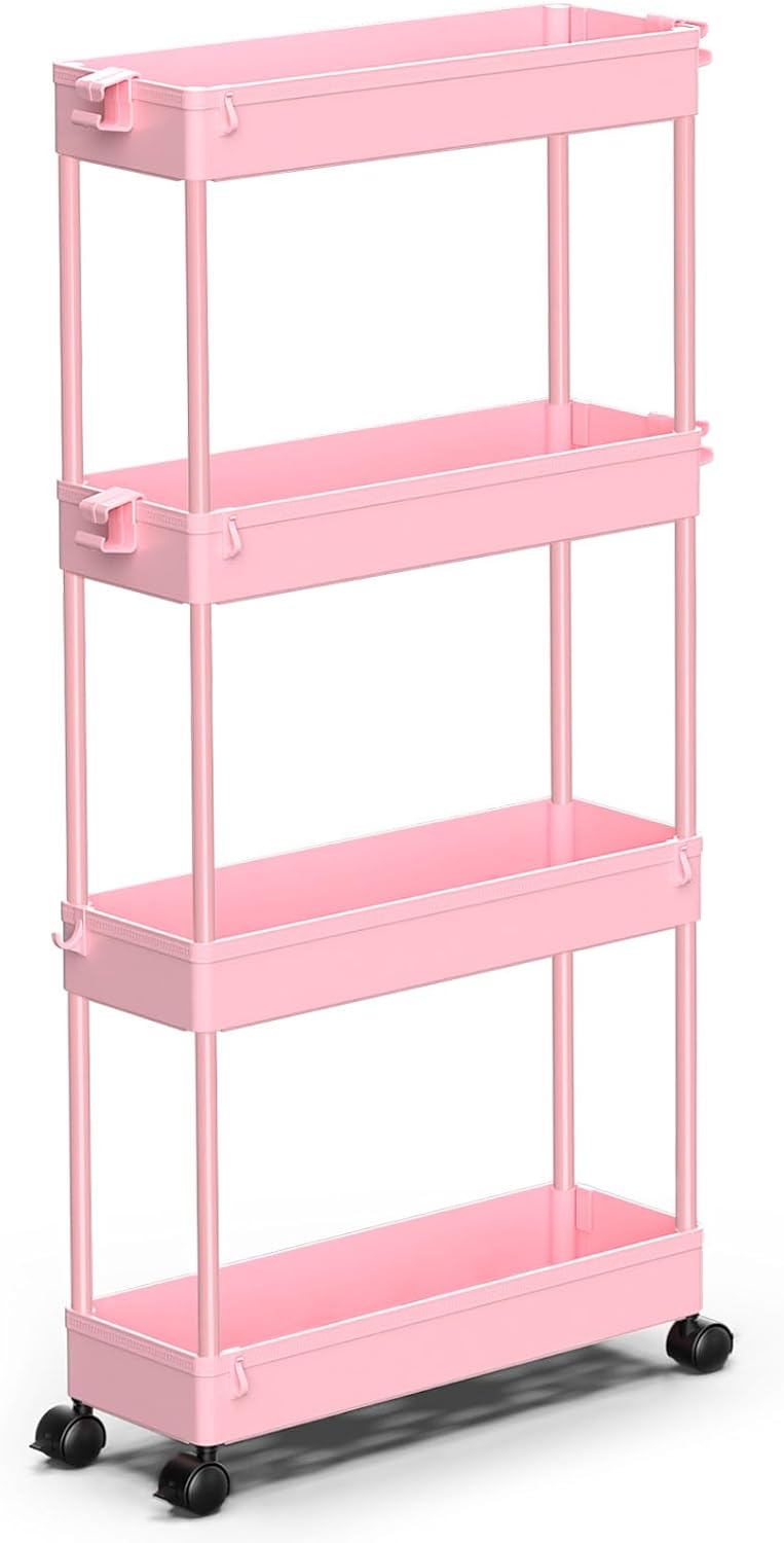 Slim Rolling Storage Cart, 4 Tier Bathroom Cart Organizer, Pink