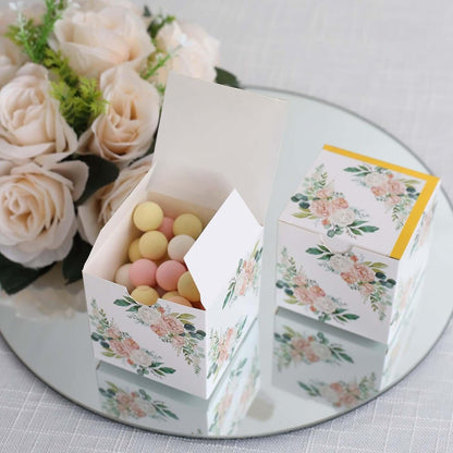 Efavormart 25 Pack White Pink Peony Flowers Print Paper Gift Boxes with Gold Edge, Cardstock Party Shower Candy Favor Boxes - 3"x3"x3"