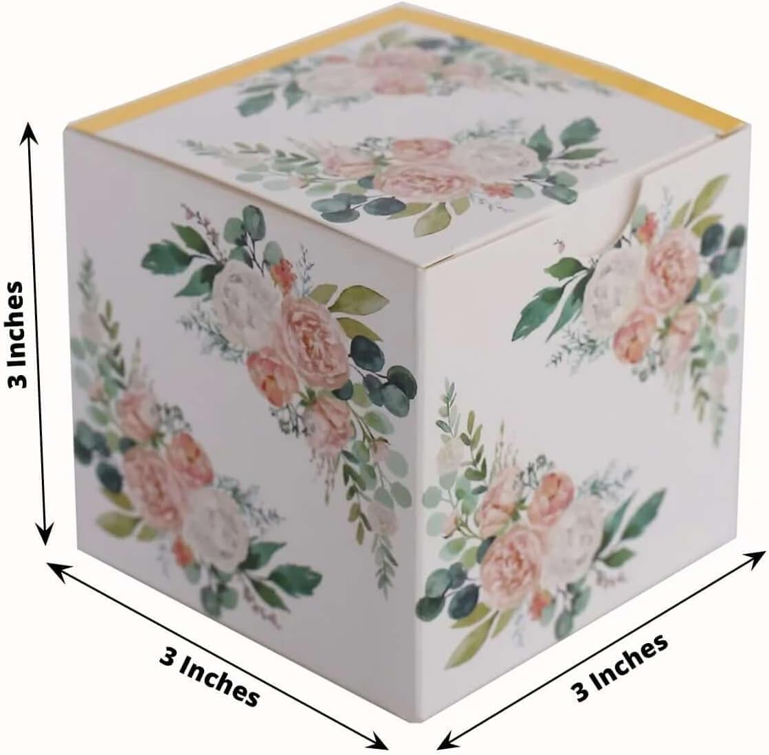 Efavormart 25 Pack White Pink Peony Flowers Print Paper Gift Boxes with Gold Edge, Cardstock Party Shower Candy Favor Boxes - 3"x3"x3"