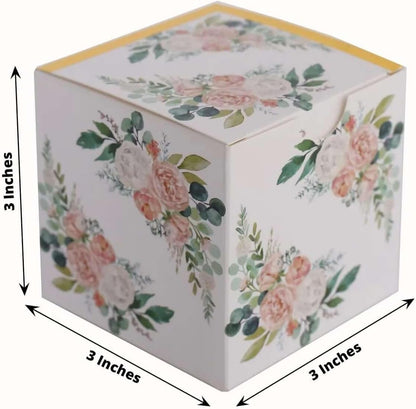 Efavormart 25 Pack White Pink Peony Flowers Print Paper Gift Boxes with Gold Edge, Cardstock Party Shower Candy Favor Boxes - 3"x3"x3"