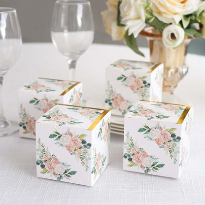 Efavormart 25 Pack White Pink Peony Flowers Print Paper Gift Boxes with Gold Edge, Cardstock Party Shower Candy Favor Boxes - 3"x3"x3"