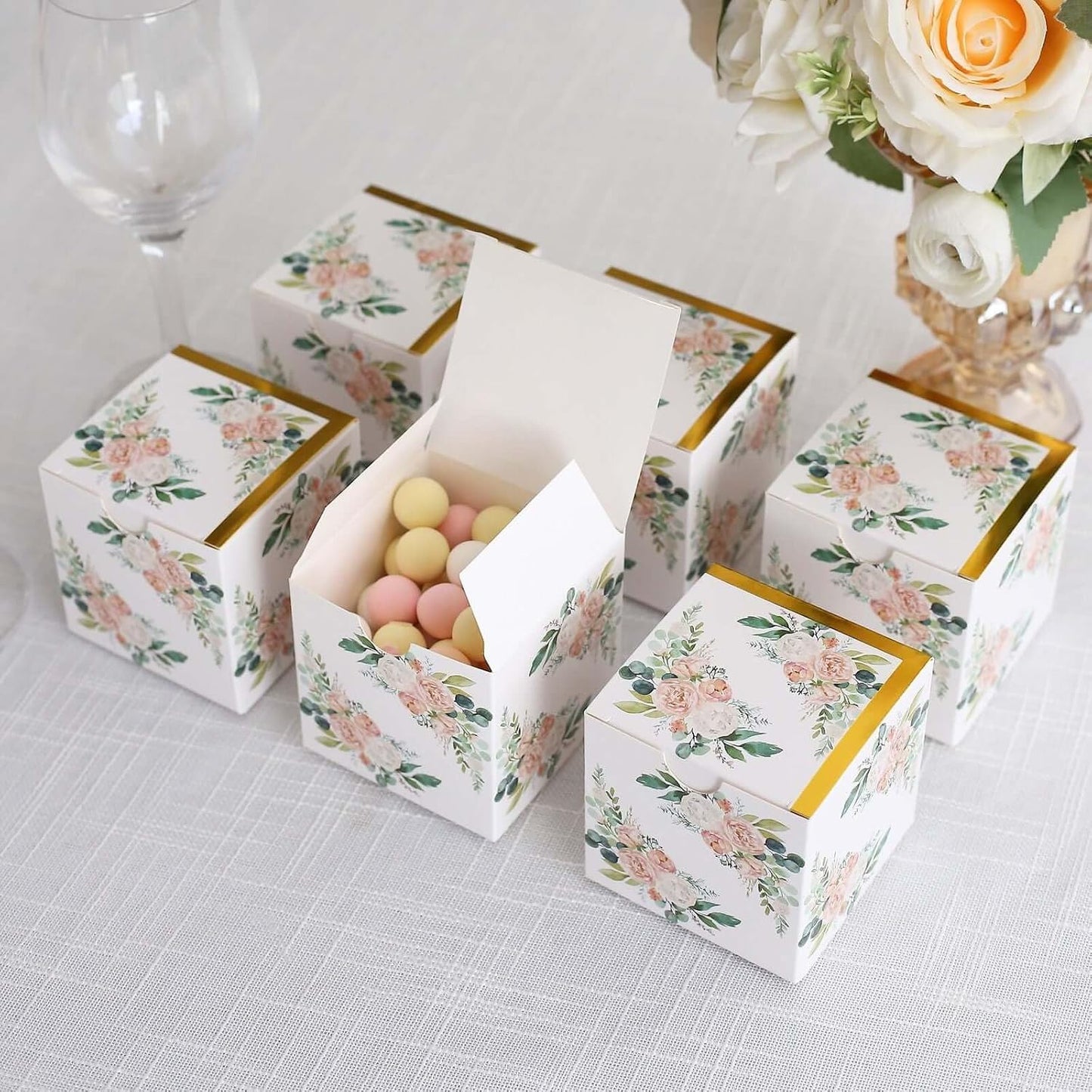 Efavormart 25 Pack White Pink Peony Flowers Print Paper Gift Boxes with Gold Edge, Cardstock Party Shower Candy Favor Boxes - 3"x3"x3"