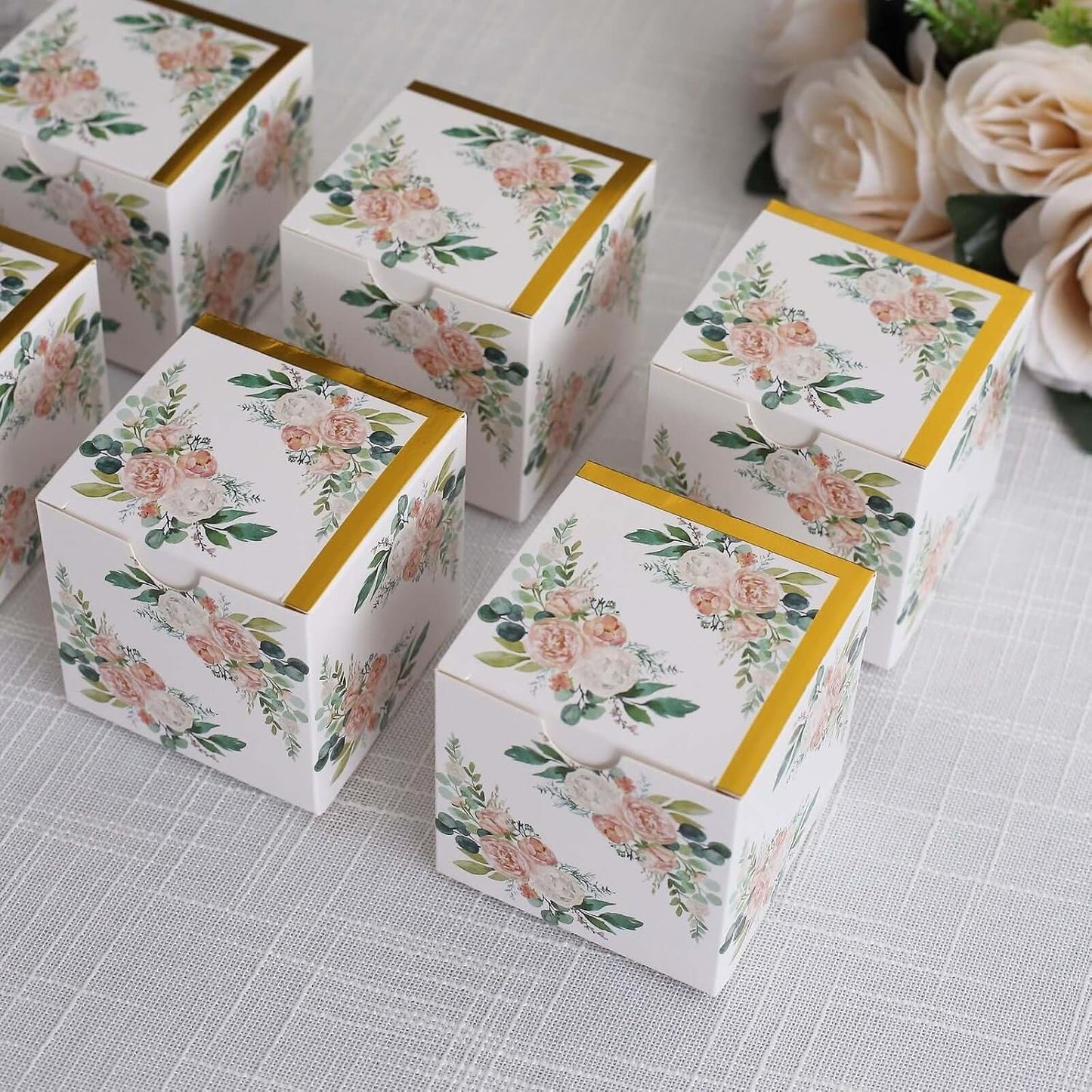 Efavormart 25 Pack White Pink Peony Flowers Print Paper Gift Boxes with Gold Edge, Cardstock Party Shower Candy Favor Boxes - 3"x3"x3"