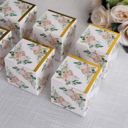 Efavormart 25 Pack White Pink Peony Flowers Print Paper Gift Boxes with Gold Edge, Cardstock Party Shower Candy Favor Boxes - 3"x3"x3"