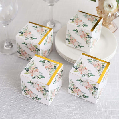 Efavormart 25 Pack White Pink Peony Flowers Print Paper Gift Boxes with Gold Edge, Cardstock Party Shower Candy Favor Boxes - 3"x3"x3"