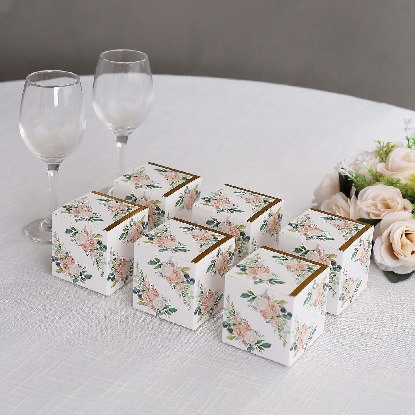 Efavormart 25 Pack White Pink Peony Flowers Print Paper Gift Boxes with Gold Edge, Cardstock Party Shower Candy Favor Boxes - 3"x3"x3"