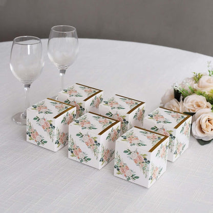 Efavormart 25 Pack White Pink Peony Flowers Print Paper Gift Boxes with Gold Edge, Cardstock Party Shower Candy Favor Boxes - 3"x3"x3"