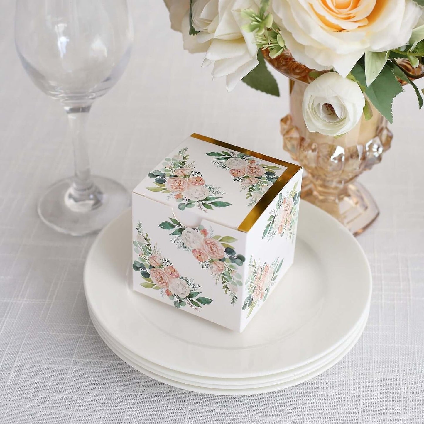 Efavormart 25 Pack White Pink Peony Flowers Print Paper Gift Boxes with Gold Edge, Cardstock Party Shower Candy Favor Boxes - 3"x3"x3"