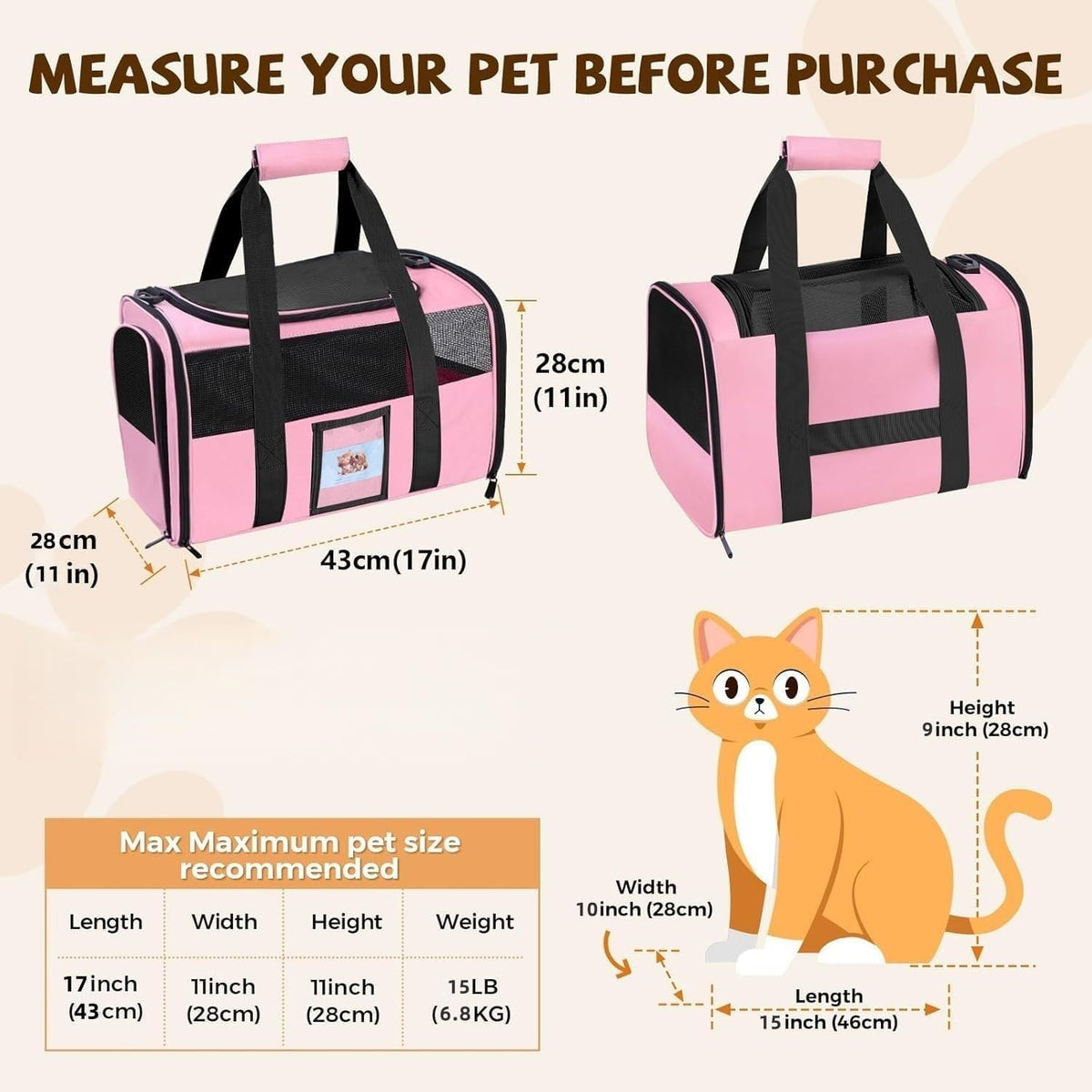 Cat Carrier Soft with Detachable Food Bowl,Soft-Sided Pet Bag(Up to 16 lbs)