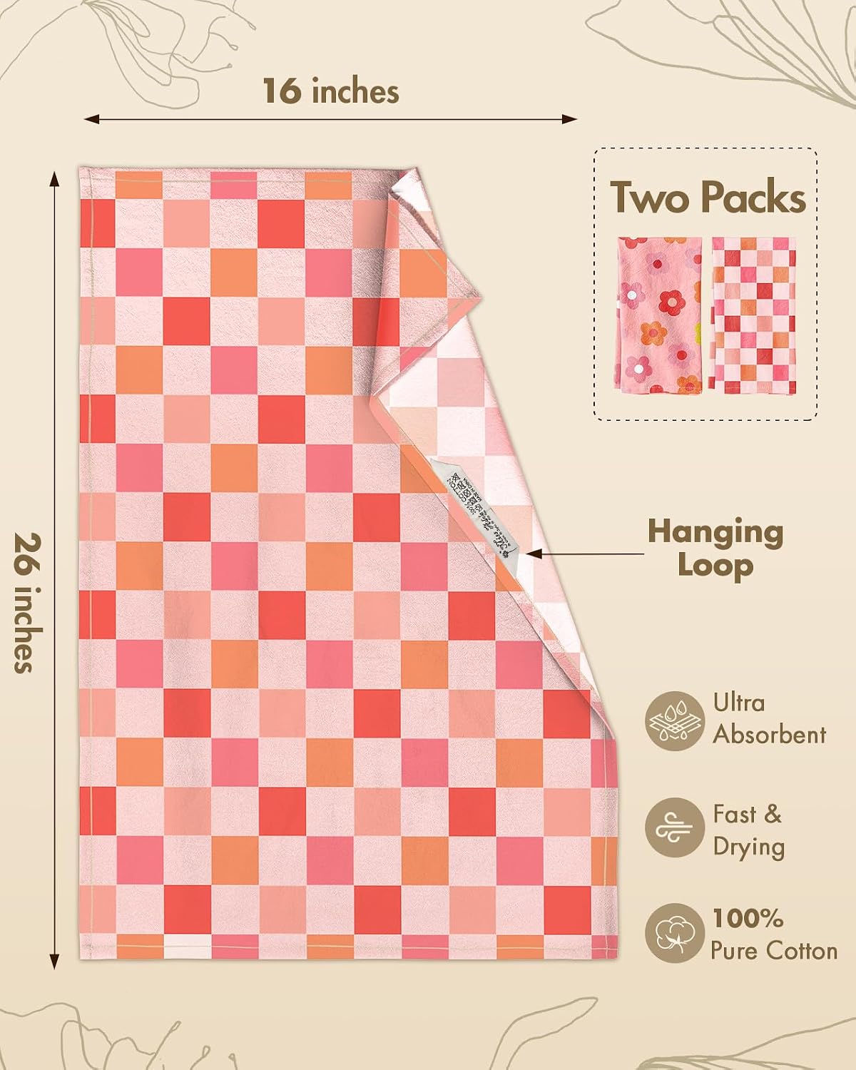 2 Pack 150GSM Flour Sack Kitchen Towels, Pink Flowers
