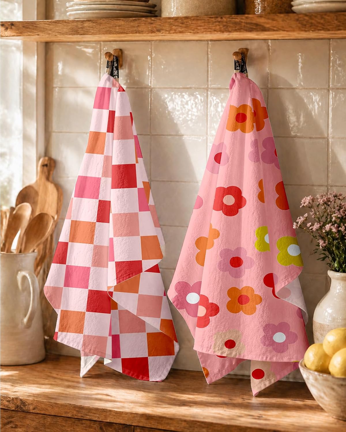 2 Pack 150GSM Flour Sack Kitchen Towels, Pink Flowers