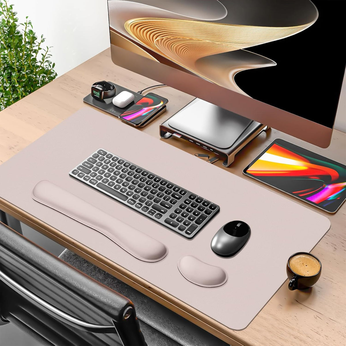 Mouse Pad and Keyboard Wrist Rest, Large Keyboard and Mouse Pad Set, Ergonomic Mousepad with Wrist Rest, Non-Slip Desk Mat Protector for Office, Home (31.5×15.7 Inches, Cream Pink)