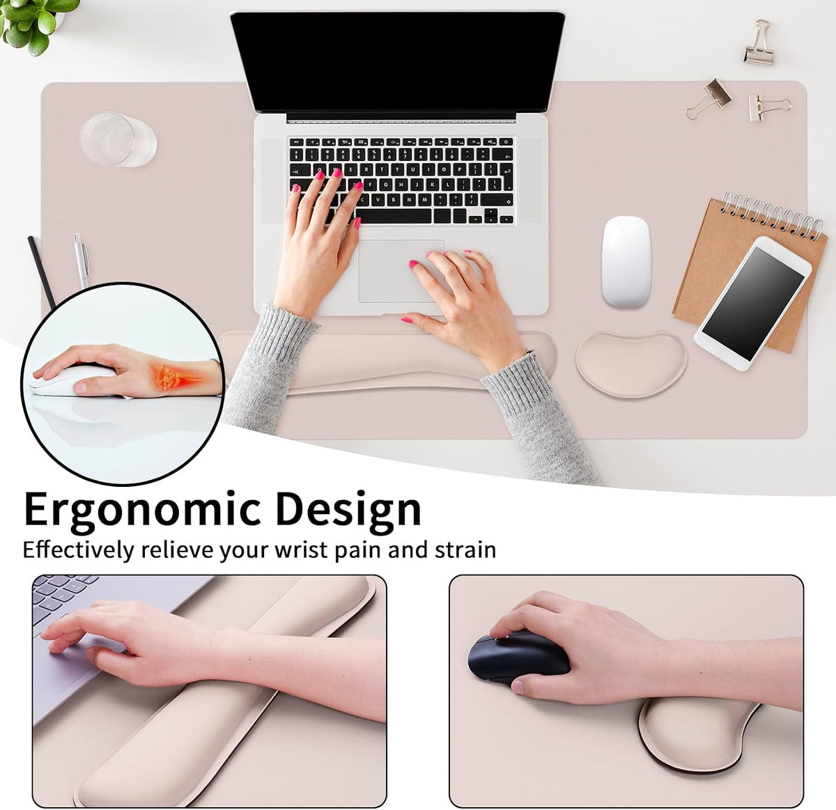 Mouse Pad and Keyboard Wrist Rest, Large Keyboard and Mouse Pad Set, Ergonomic Mousepad with Wrist Rest, Non-Slip Desk Mat Protector for Office, Home (31.5×15.7 Inches, Cream Pink)