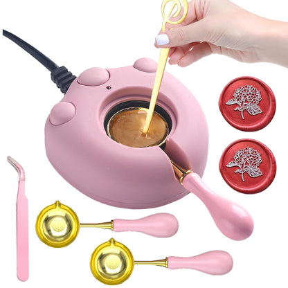 Electric Wax Seal Warmer, Wax Sealing Melter with 2pcs Spoons, Tweezers, Stir Pin, Great Melting Furnace Kit Fast Melting WaxSeal Bedas for Envelope Stamp Seals Craft, Pink