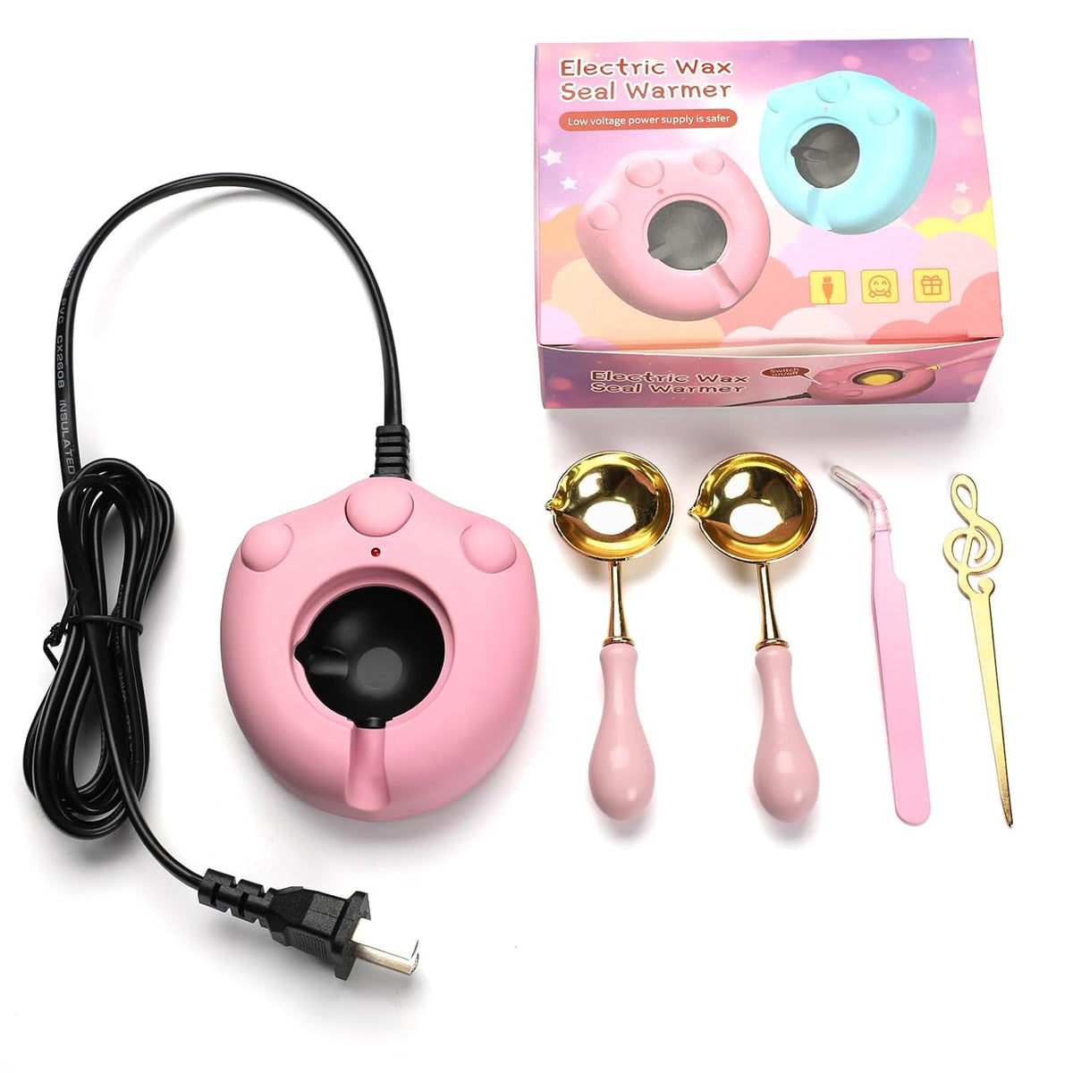 Electric Wax Seal Warmer, Wax Sealing Melter with 2pcs Spoons, Tweezers, Stir Pin, Great Melting Furnace Kit Fast Melting WaxSeal Bedas for Envelope Stamp Seals Craft, Pink