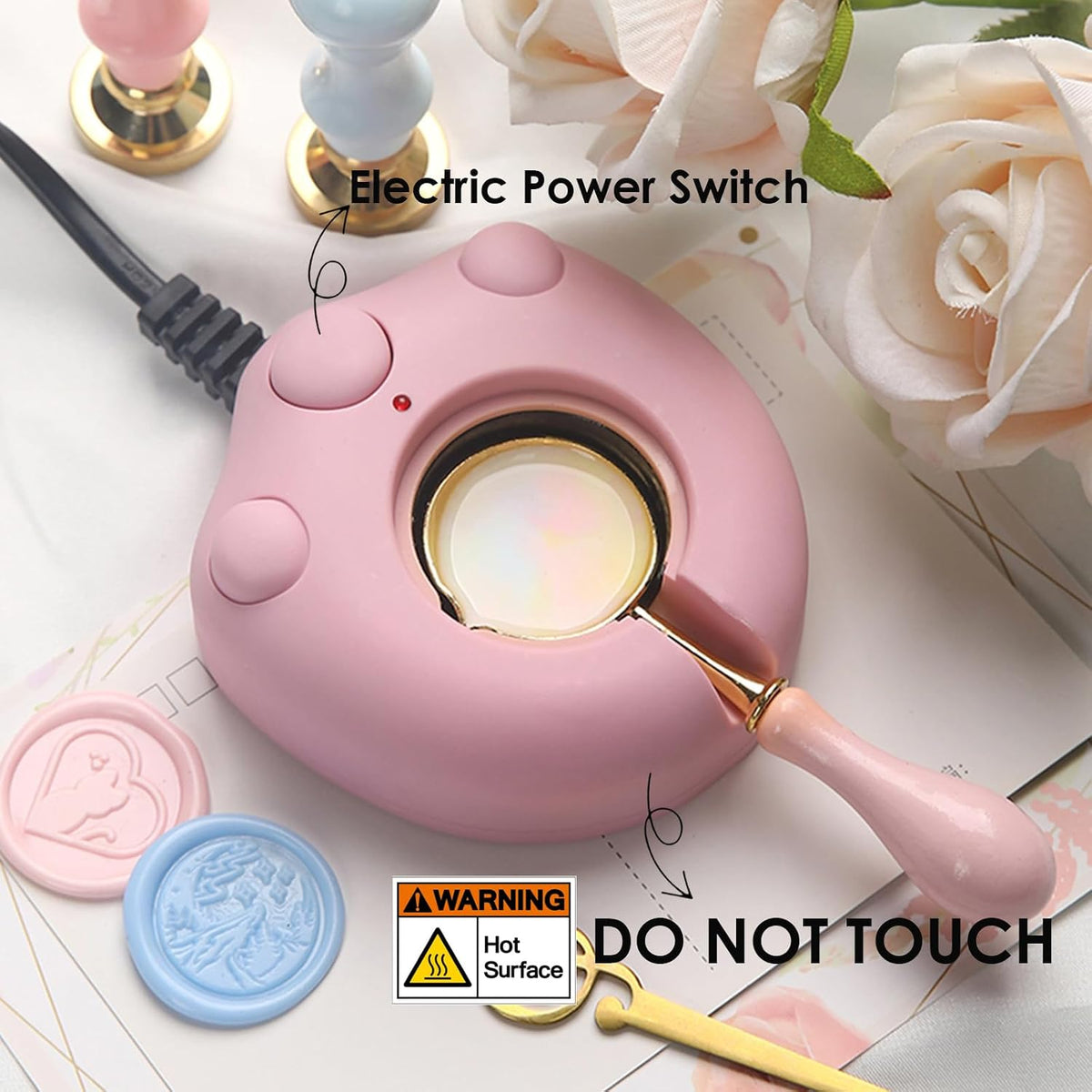 Electric Wax Seal Warmer, Wax Sealing Melter with 2pcs Spoons, Tweezers, Stir Pin, Great Melting Furnace Kit Fast Melting WaxSeal Bedas for Envelope Stamp Seals Craft, Pink