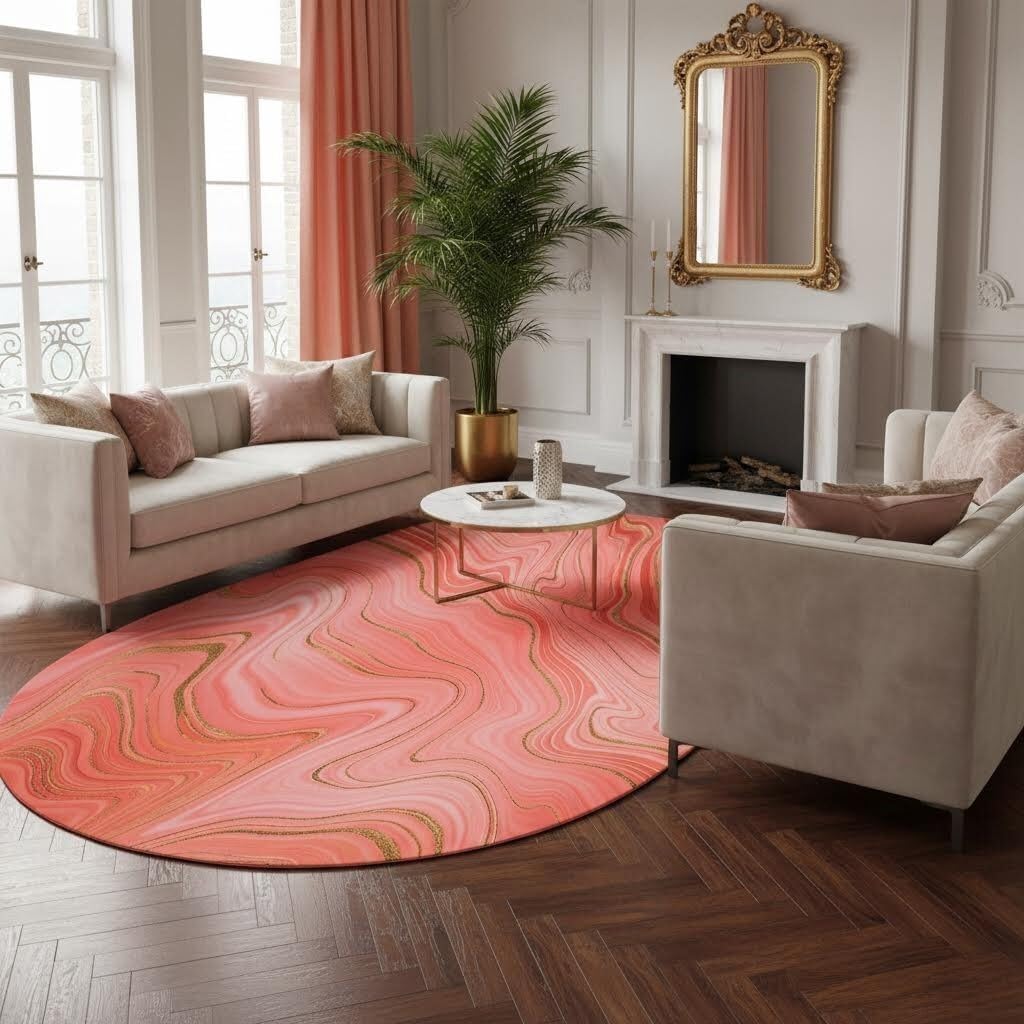 Bohemian Coral Pink Brown Abstract Ombre Swirl Striped Rug 8x10 Oval Kitchen Rug Durable Comfortable Marble Rugs for Living Room Bedroom Guestroom Diningroom Home Office Nursery Modern Rugs