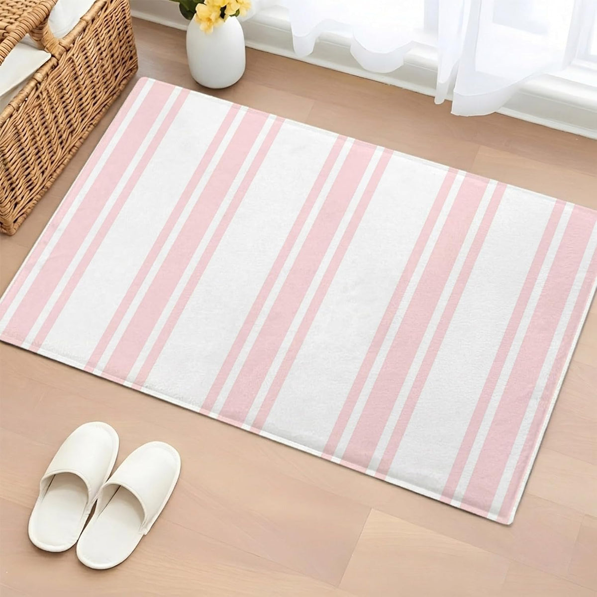 Non Slip Bath Mat for Bathroom Floor Tub, Modern Geometric Pink Stripes Bathroom Rug Water Absorbent Soft Shaggy Rugs Indoor Doormats Minimalist Line on White Mats,16x24in