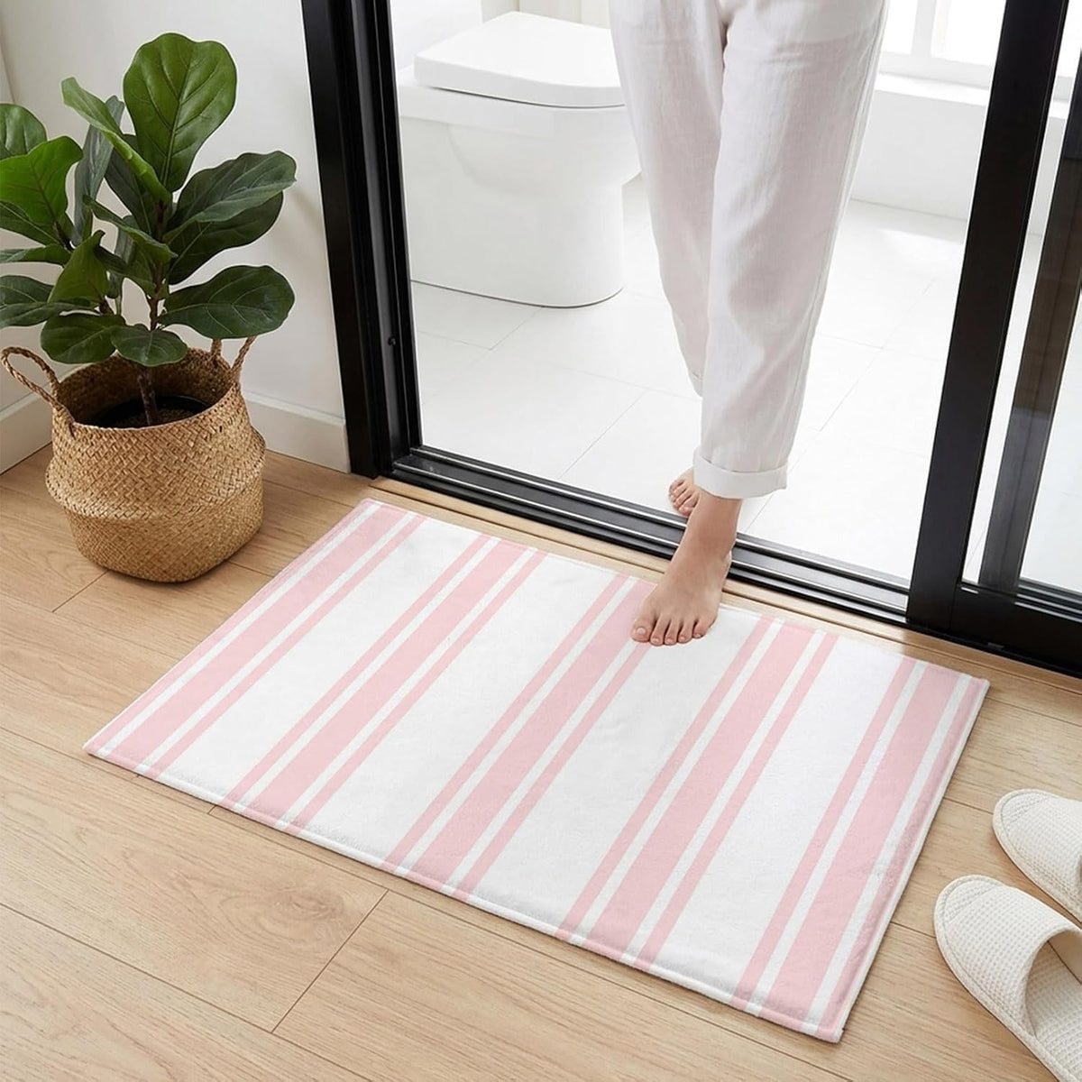 Non Slip Bath Mat for Bathroom Floor Tub, Modern Geometric Pink Stripes Bathroom Rug Water Absorbent Soft Shaggy Rugs Indoor Doormats Minimalist Line on White Mats,16x24in