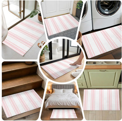 Non Slip Bath Mat for Bathroom Floor Tub, Modern Geometric Pink Stripes Bathroom Rug Water Absorbent Soft Shaggy Rugs Indoor Doormats Minimalist Line on White Mats,16x24in