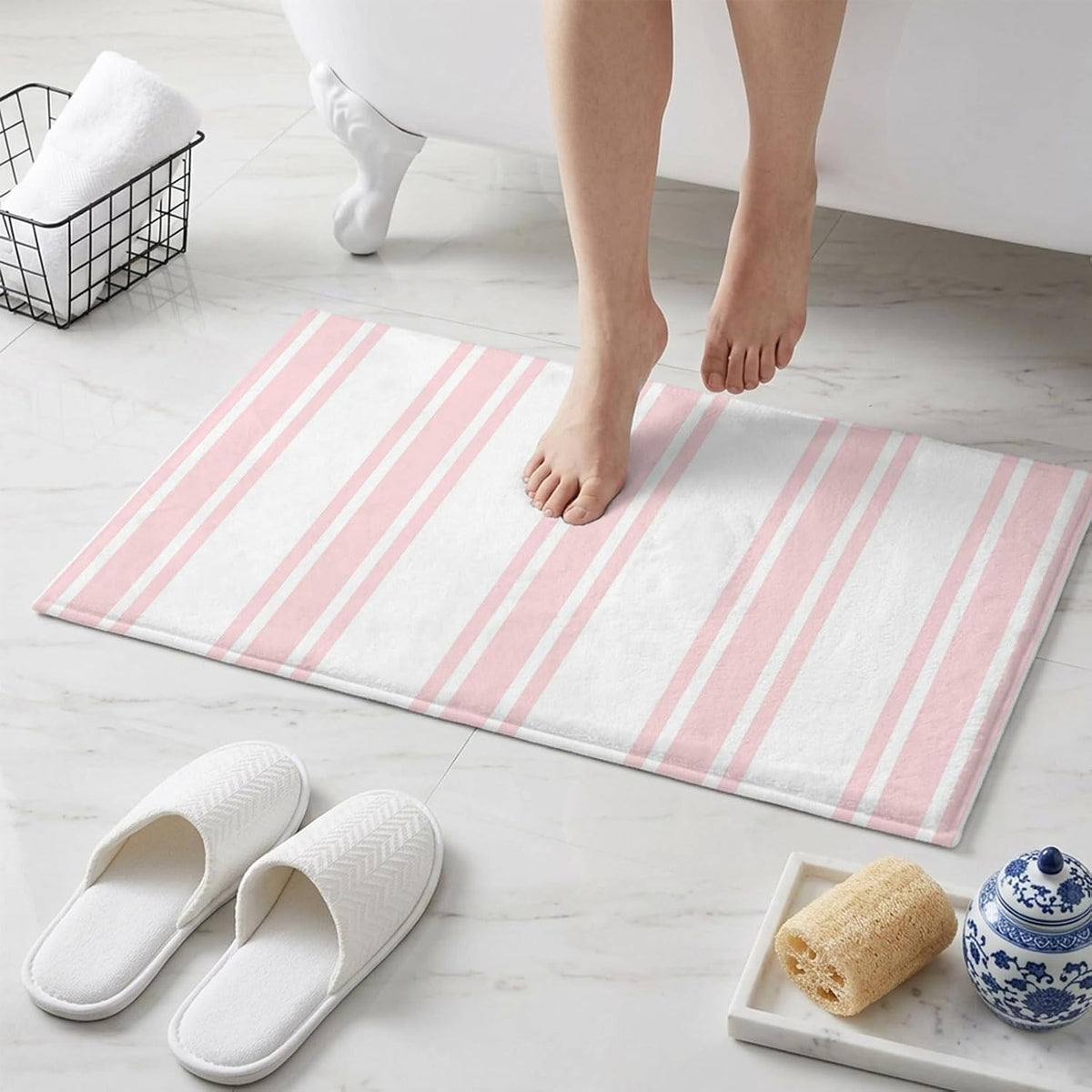Non Slip Bath Mat for Bathroom Floor Tub, Modern Geometric Pink Stripes Bathroom Rug Water Absorbent Soft Shaggy Rugs Indoor Doormats Minimalist Line on White Mats,16x24in