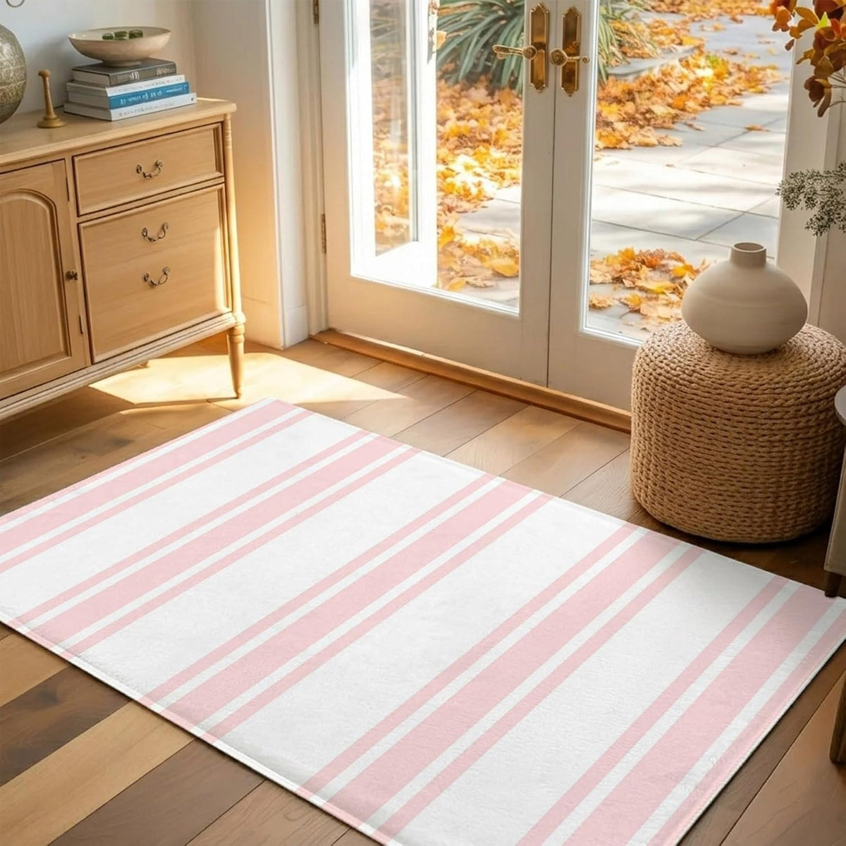 Non Slip Bath Mat for Bathroom Floor Tub, Modern Geometric Pink Stripes Bathroom Rug Water Absorbent Soft Shaggy Rugs Indoor Doormats Minimalist Line on White Mats,16x24in