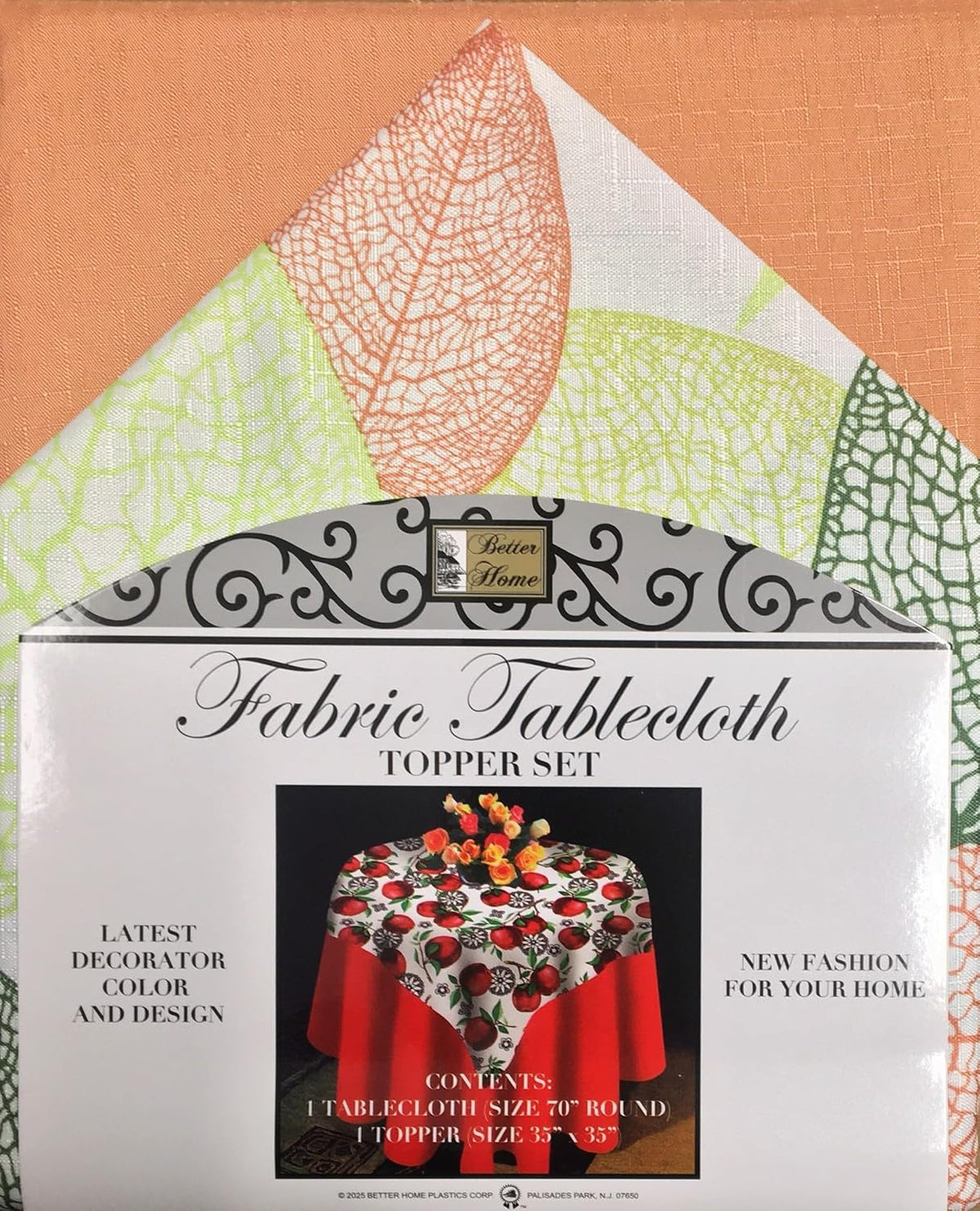 2-Piece Fabric Topper Set, 70" Round Tablecloth Solid Color, 35"x35" Square Decorative Topper, Leaves ~ Peach