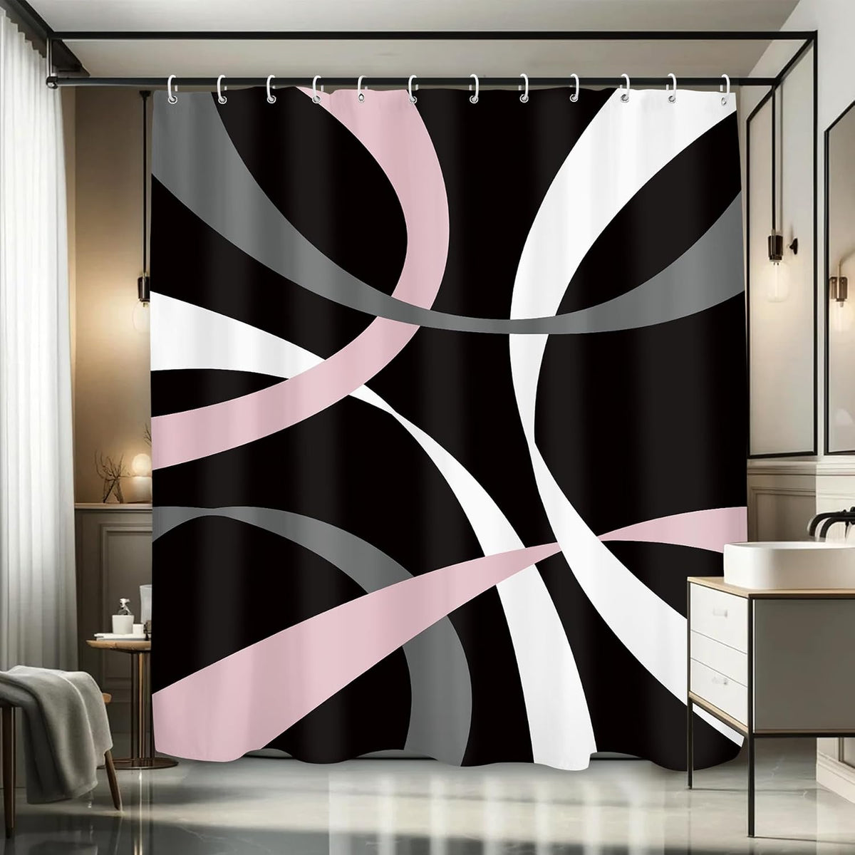 Abstract Line Minimalist Shower Curtain 60Wx71L, Black Pink Gray Shower Curtains for Bathroom Decor, Geometric Modern Contemporary Shower Curtain Set Home Decor 12 Pack Hooks